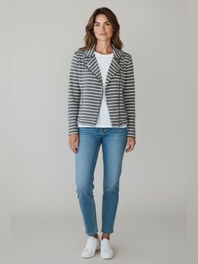 Market & Spruce Knit Moto Jacket Gray Stripe Size Large